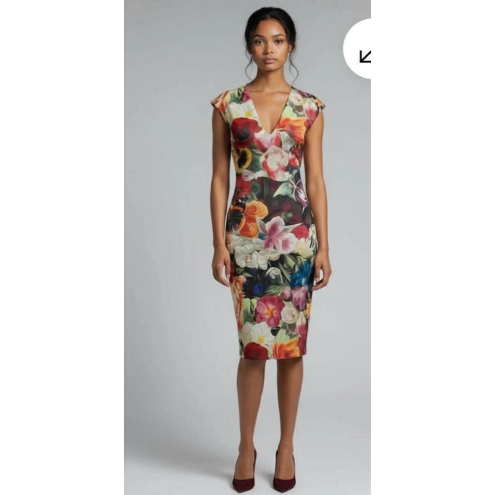 Ted Baker London Odeela Floral-Swirl Midi Sheath Dress‎ sz 2 stretch #3094